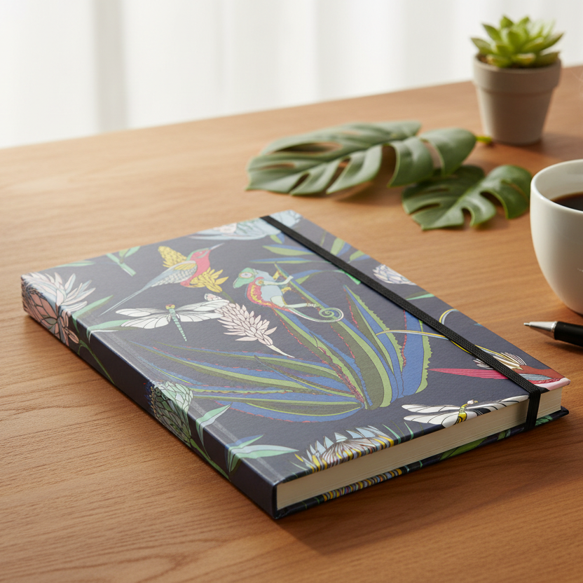 Notebook with a colorful tropical design featuring animals and plants on a dark blue background.