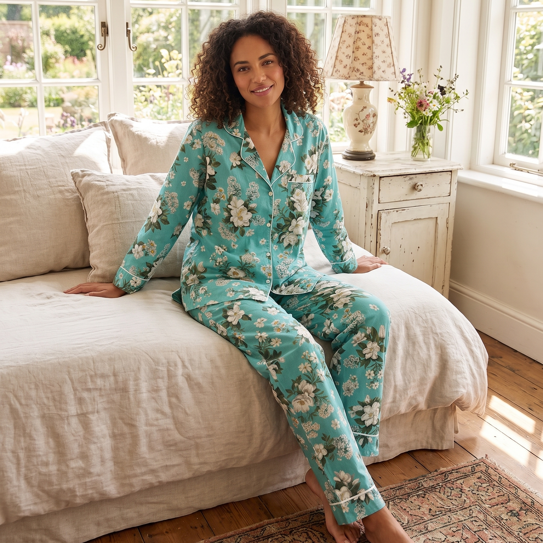 Aqua Floral Long Sleepwear Set