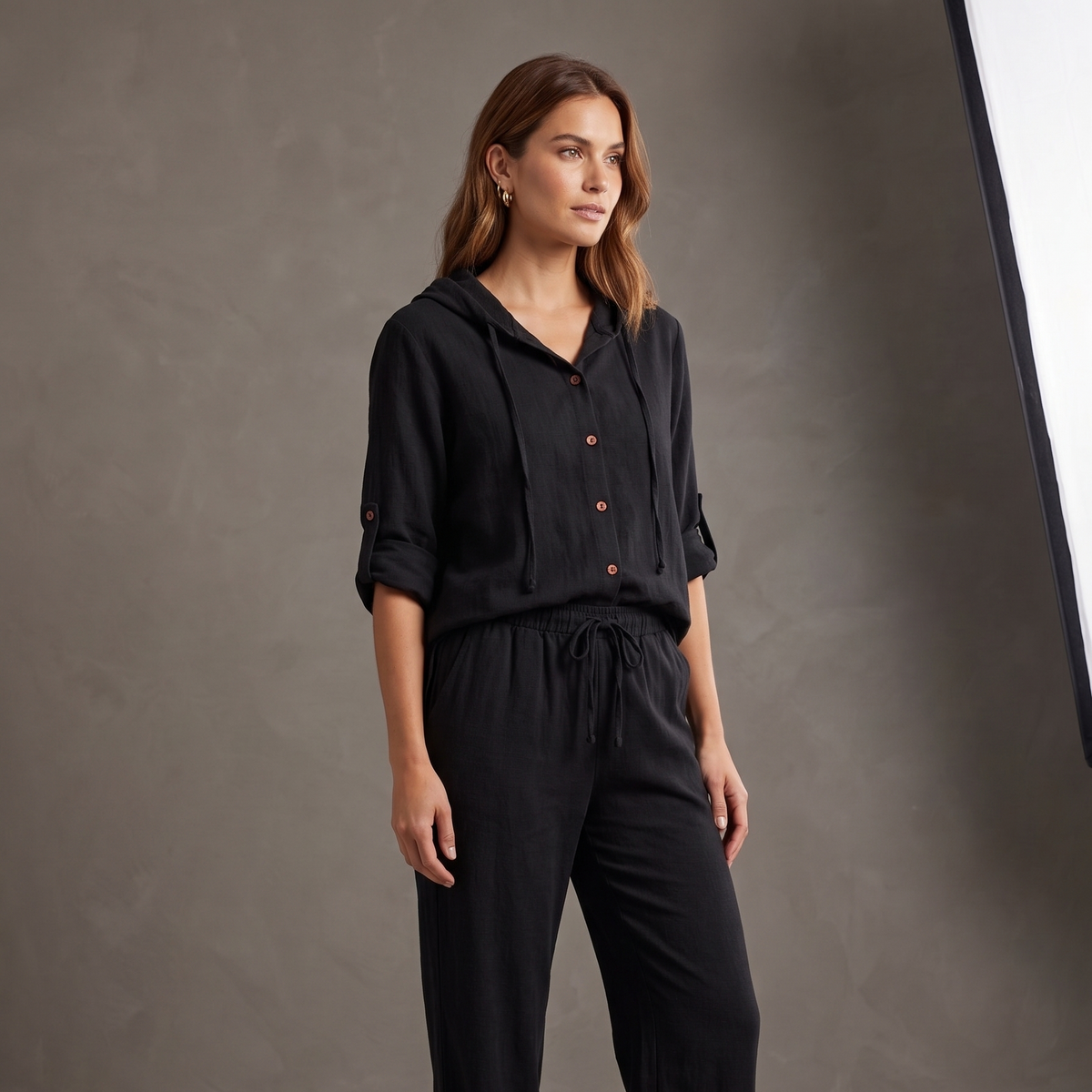 Lady wearing a full black linen set
