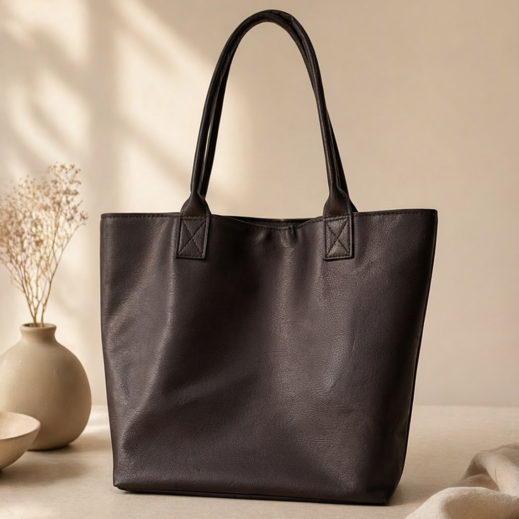 Black tote bag with a tag on a neutral background