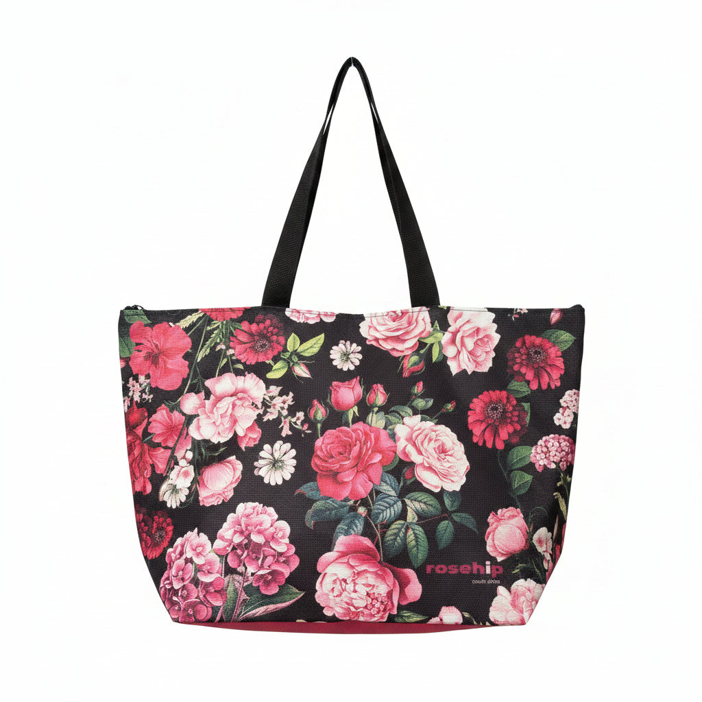 Floral tote bag with pink and red flowers on a black background, featuring the brand 'roschop'.