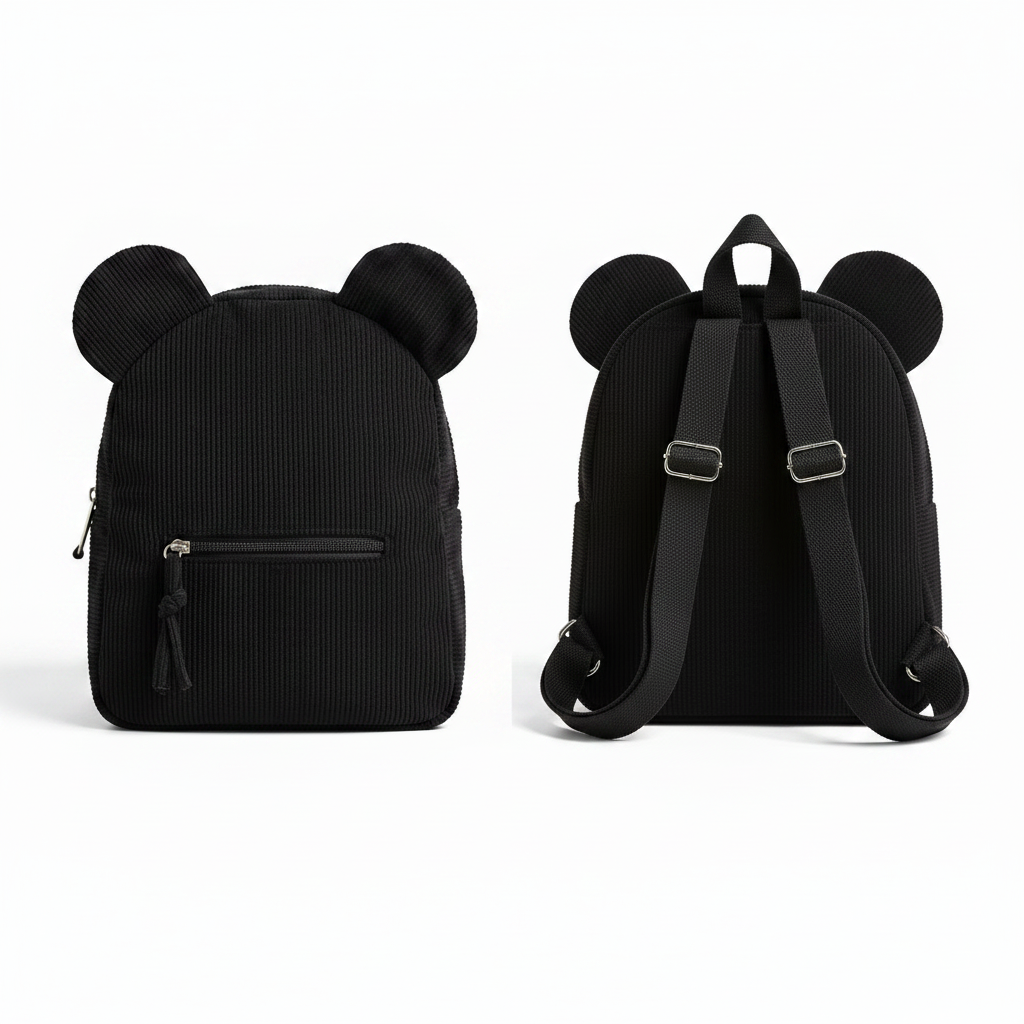 Black backpack with bear ears on a split background