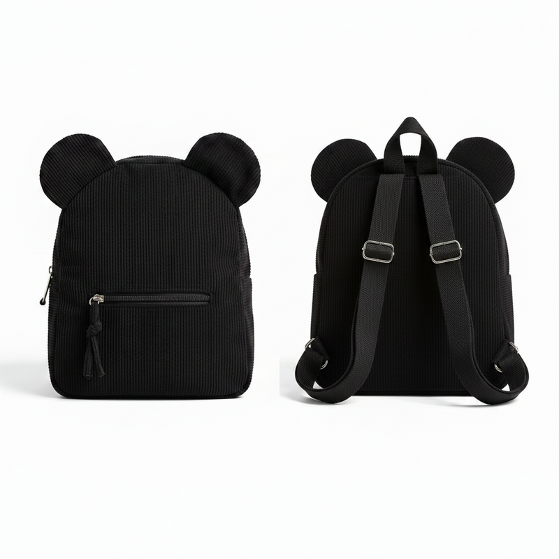 Black backpack with bear ears on a split background