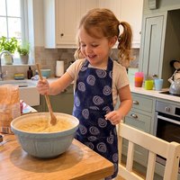 Child in a kitchen mixing batter in a bowl with a wooden spoon.