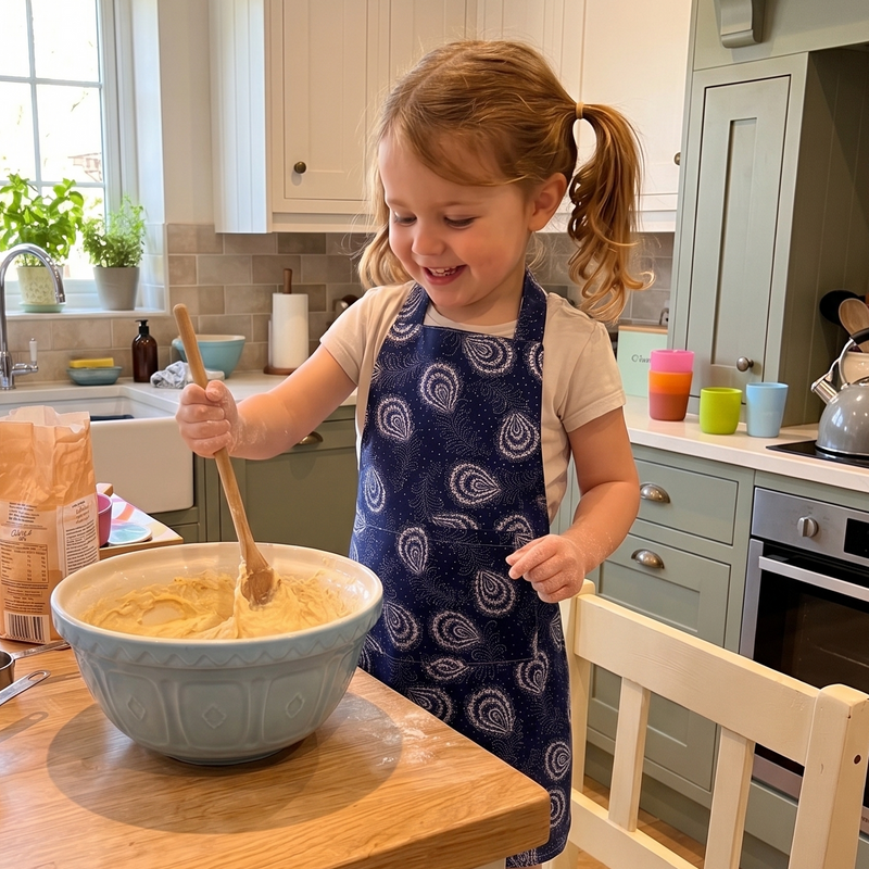 Child in a kitchen mixing batter in a bowl with a wooden spoon.
