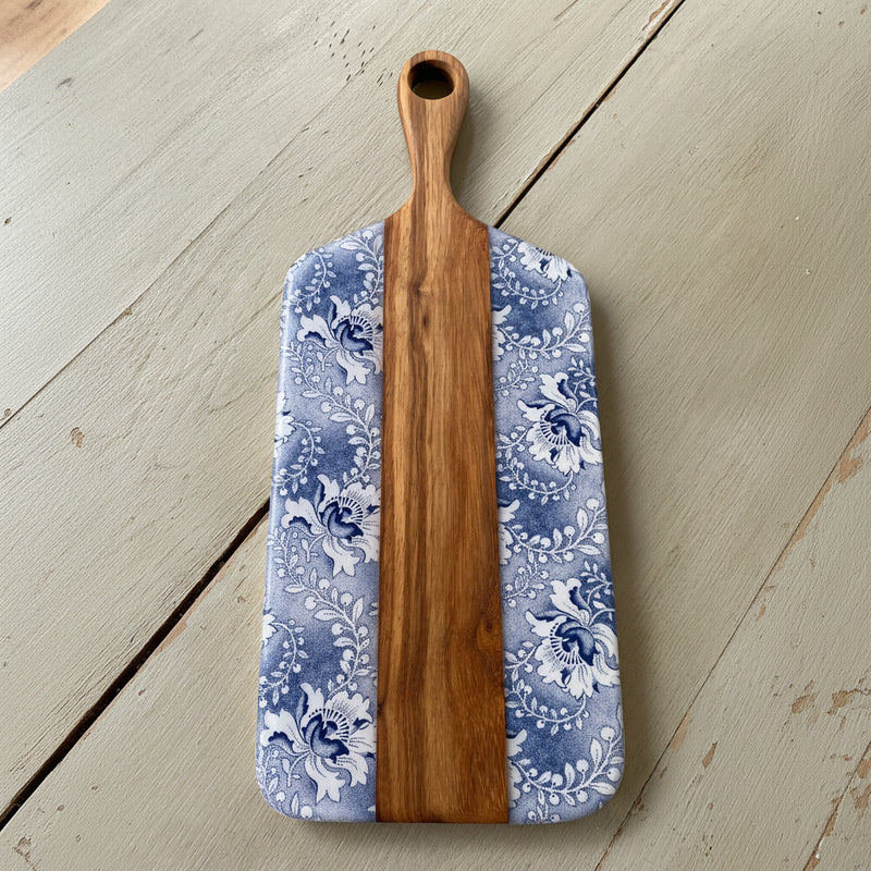 Cheese board in white and blue botanicals