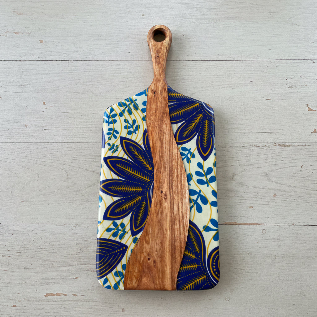 Wooden Cheeseboard with Blue and gold floral design