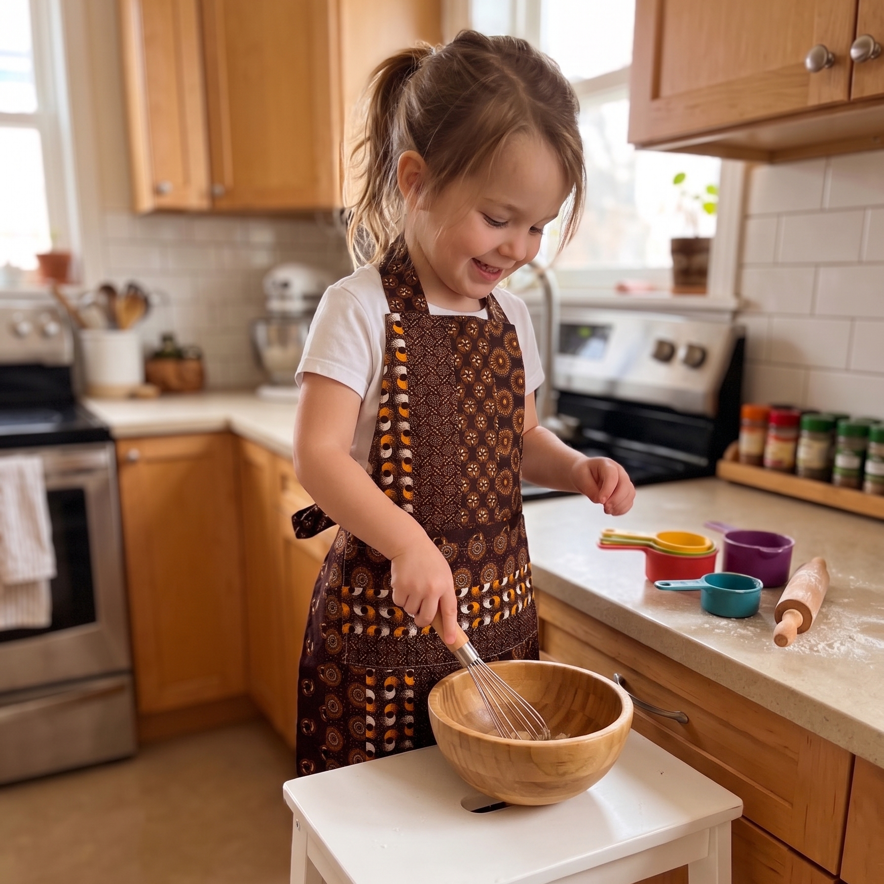 Child in a kitchen stirring a bowl with a whisk, wearing an apron.