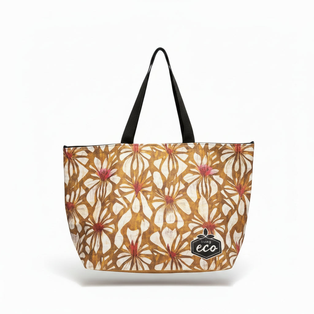 Floral-patterned tote bag with 'eco' label on a wooden ladder against a green wall.