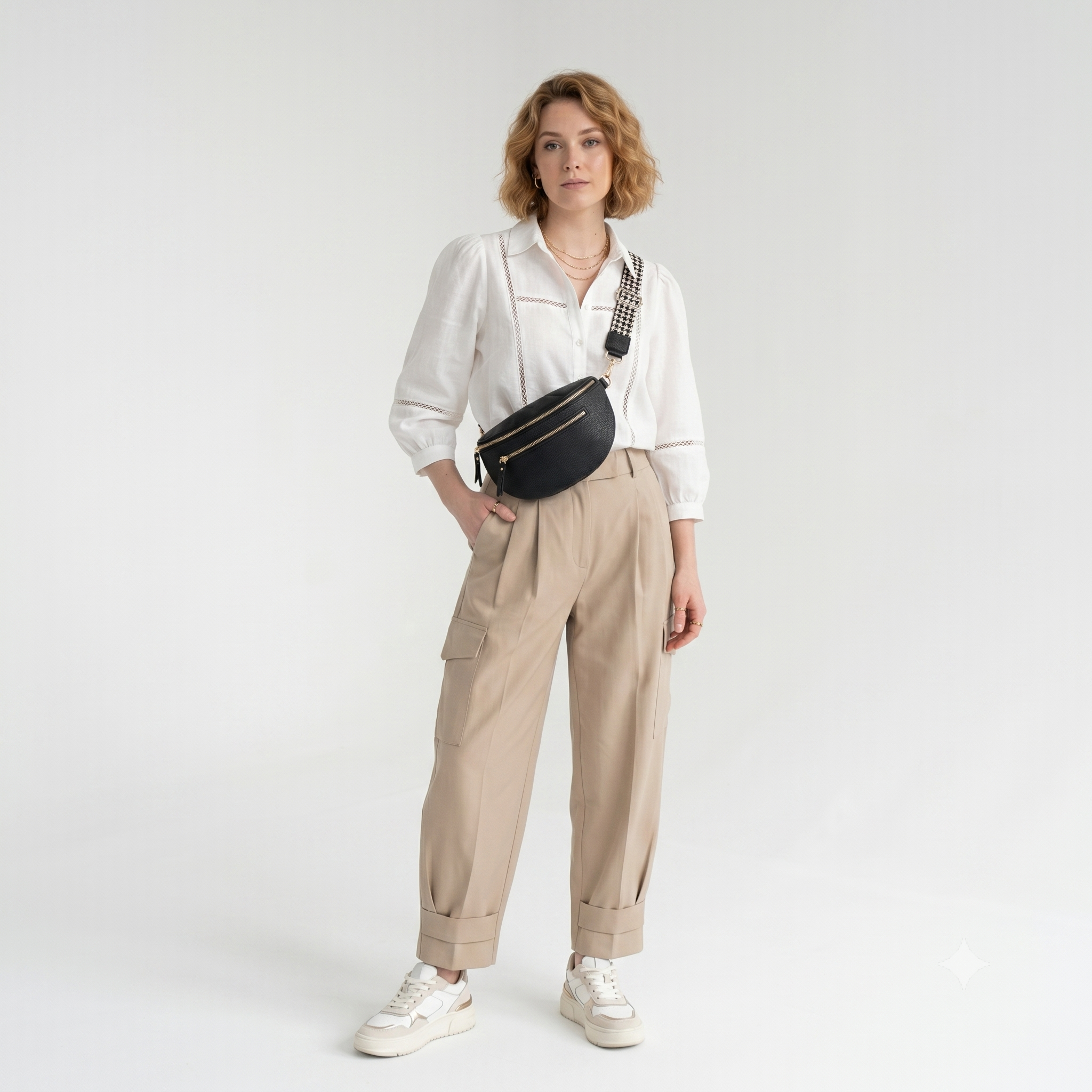 Woman wearing a white shirt, beige pants, and a black waist bag on a white background