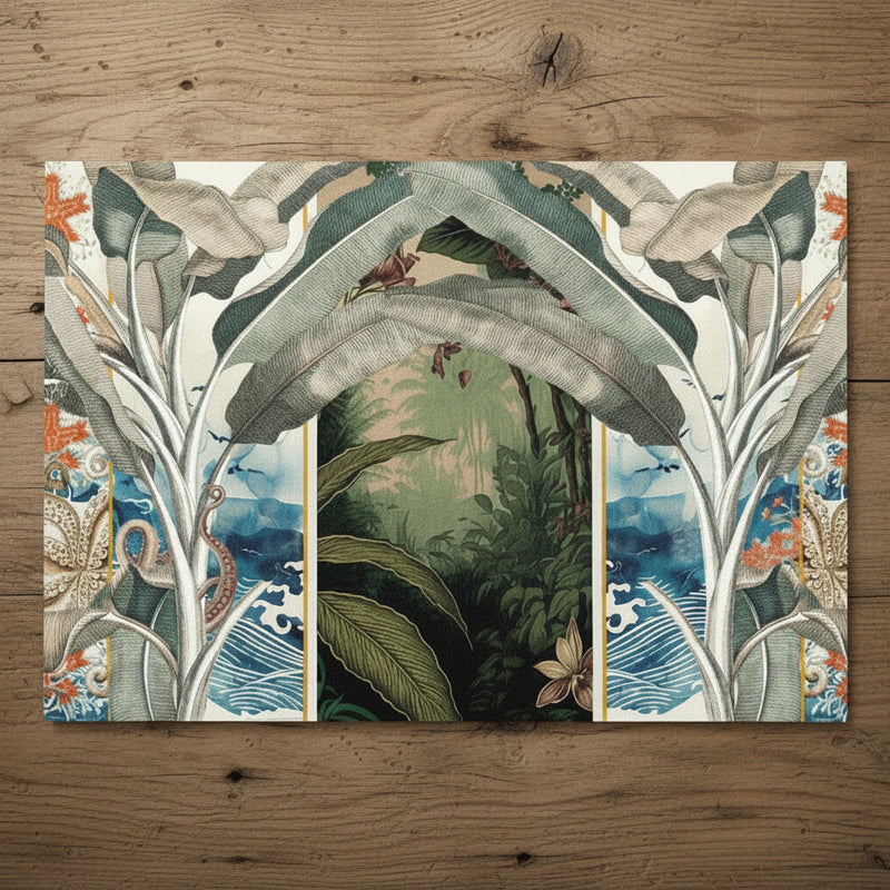 A rectangular placemat with a botanical and ocean-inspired print lies on a wooden tabletop, styled with a white ceramic mug and a wooden spoon. The placemat features large tropical leaves, blue waves, and a central forest scene.