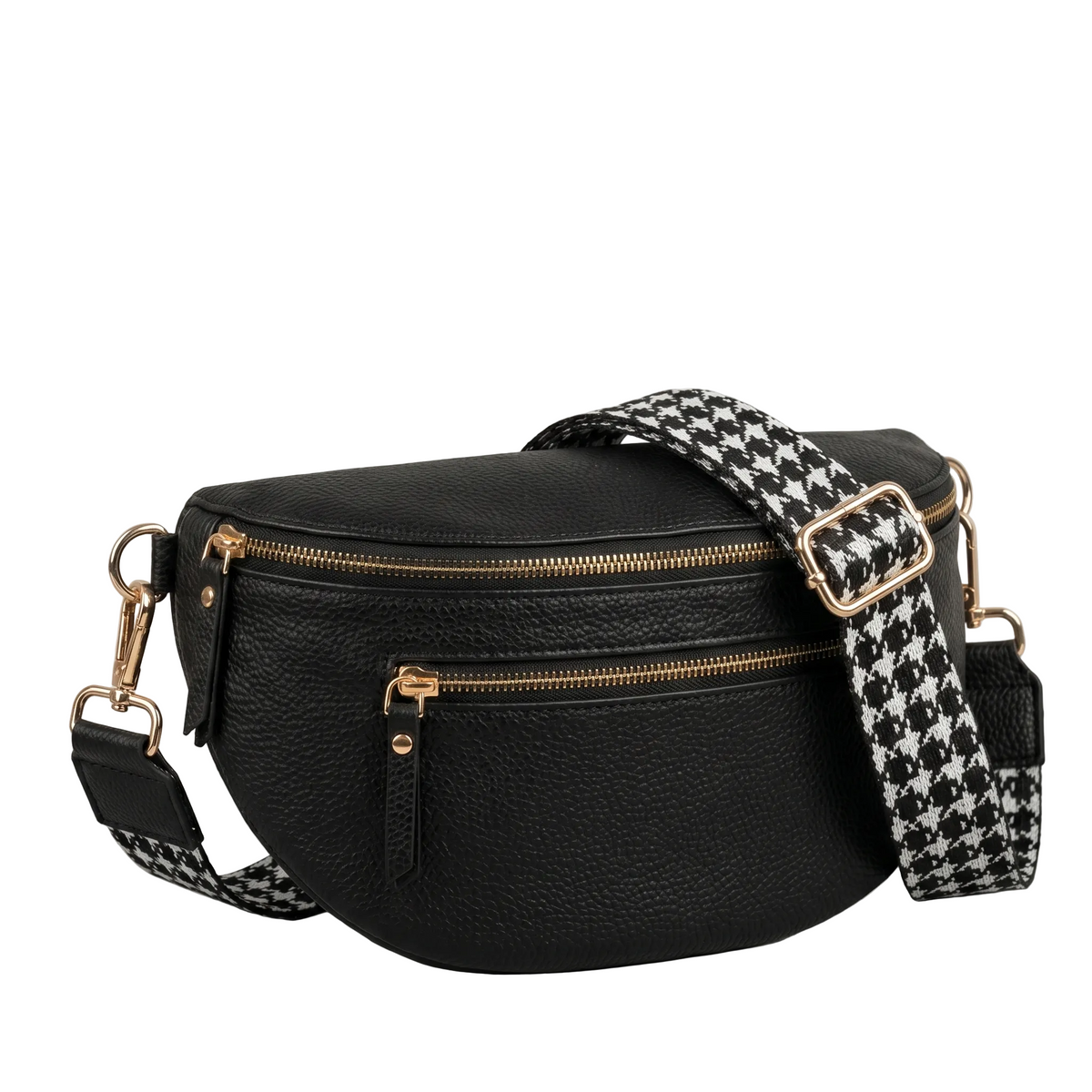 Black leather crossbody bag with a houndstooth strap on a gray background