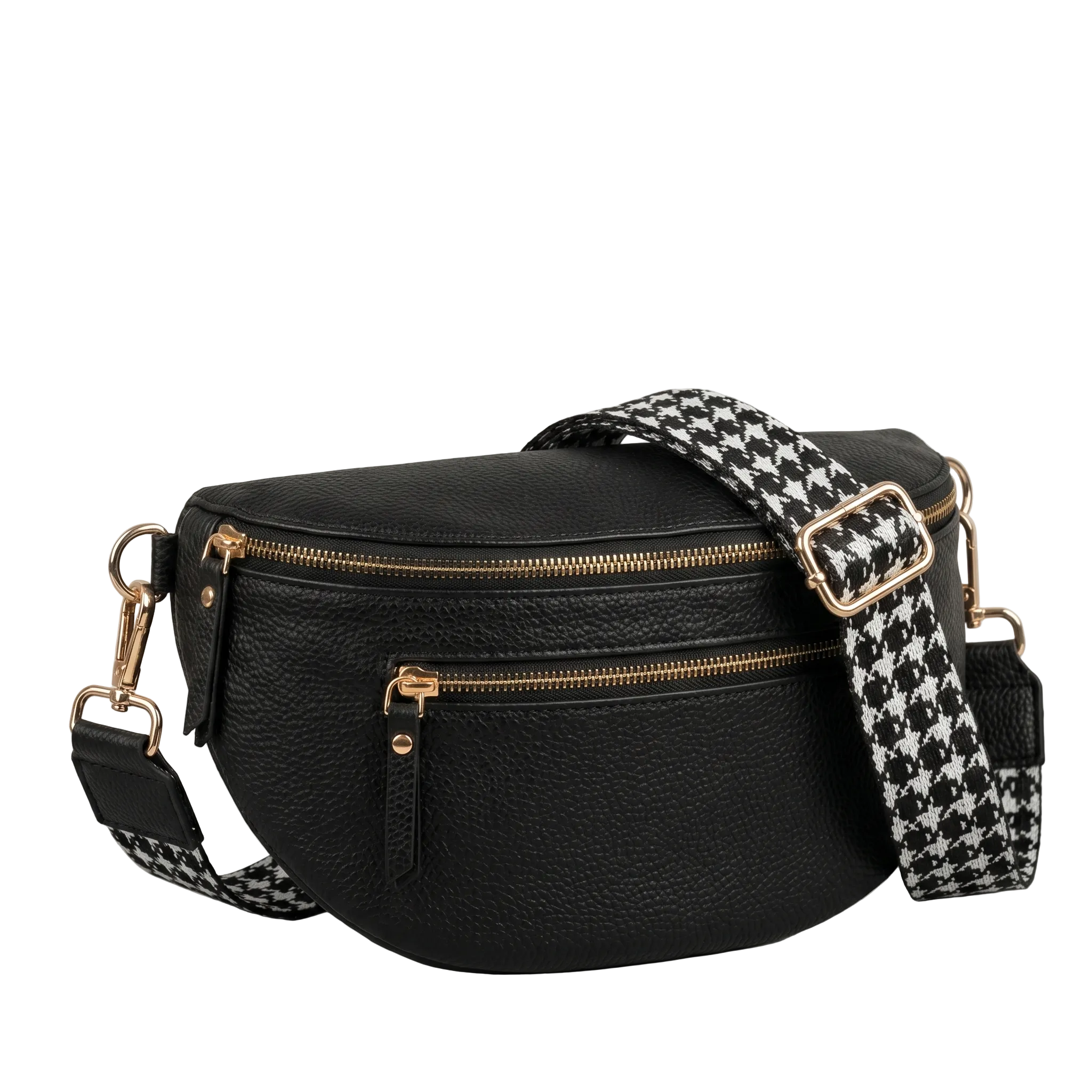 Black leather crossbody bag with a houndstooth strap on a gray background