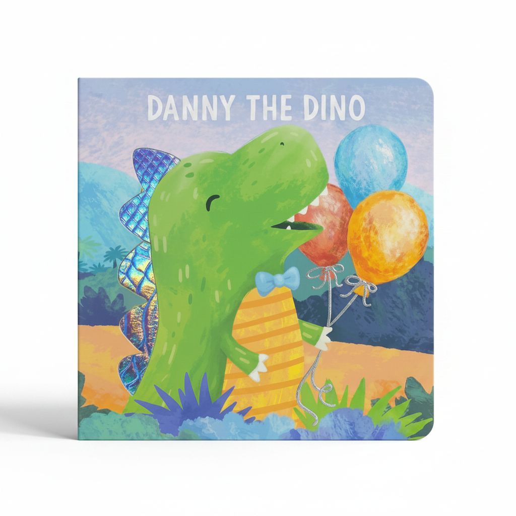 Children's book titled 'Danny the Dino' with a colorful illustration of a dinosaur holding balloons on a white background.