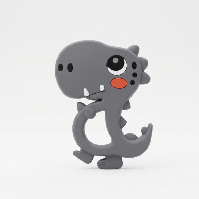 Gray dinosaur-shaped teether on a white background