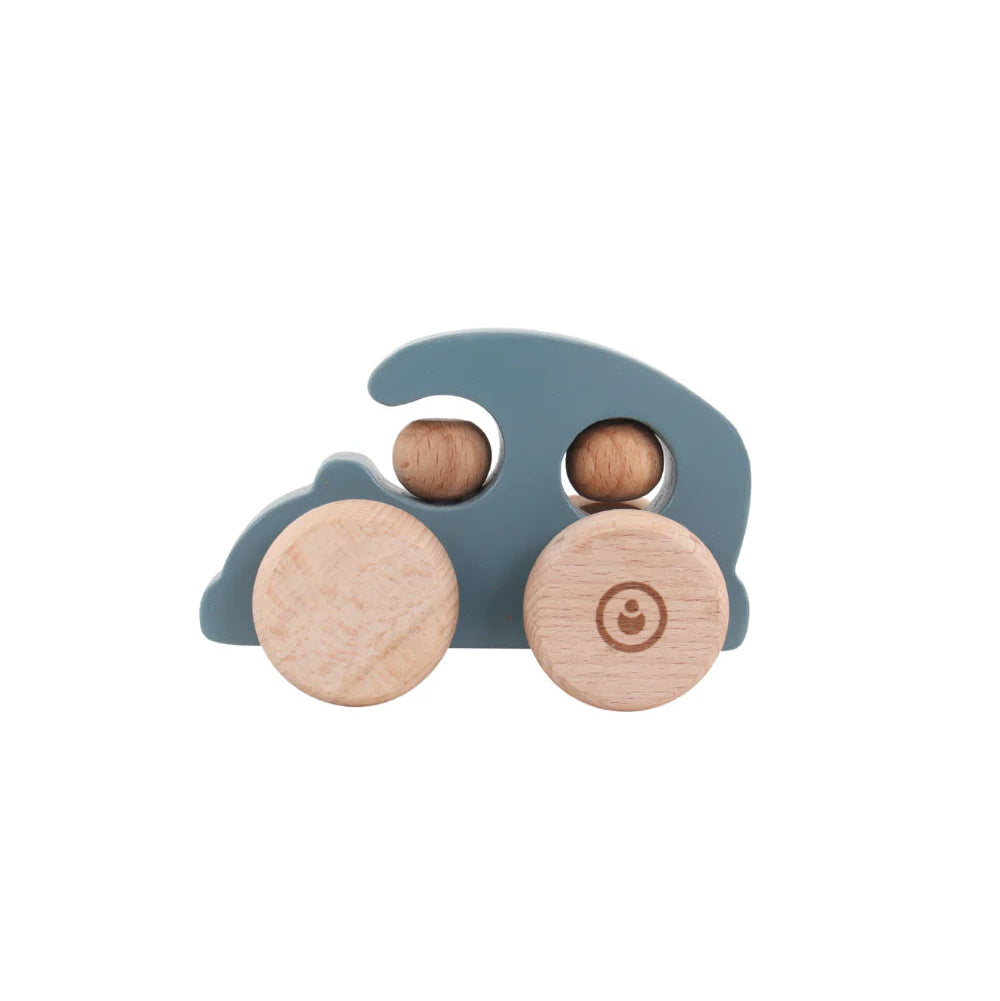 Wooden toy car with blue body and brown wheels on a white background