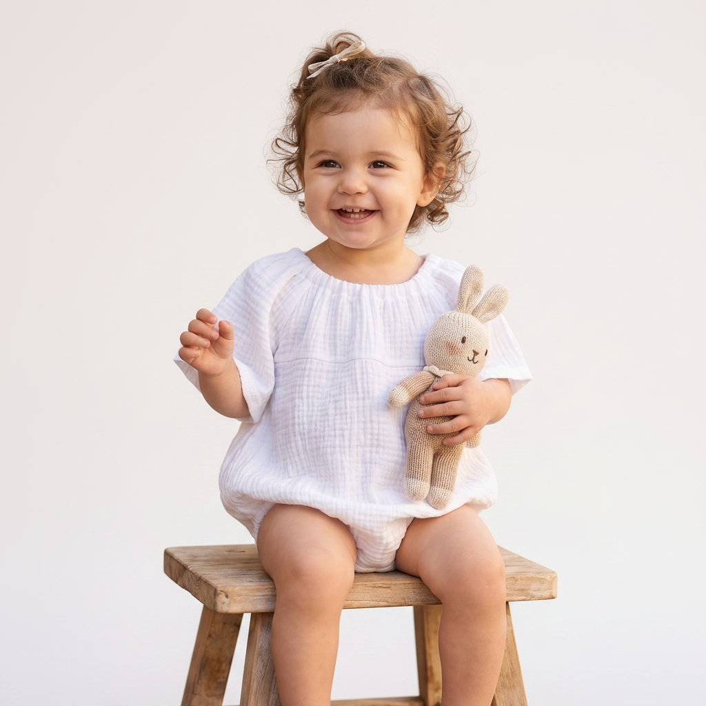 Child in a white dress holding a teddy bear, sitting on a wooden stool outdoors with flowers and plants around.