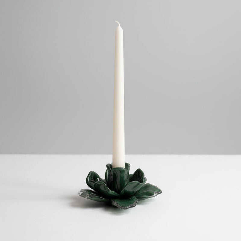Glass green candle holder in flower design 