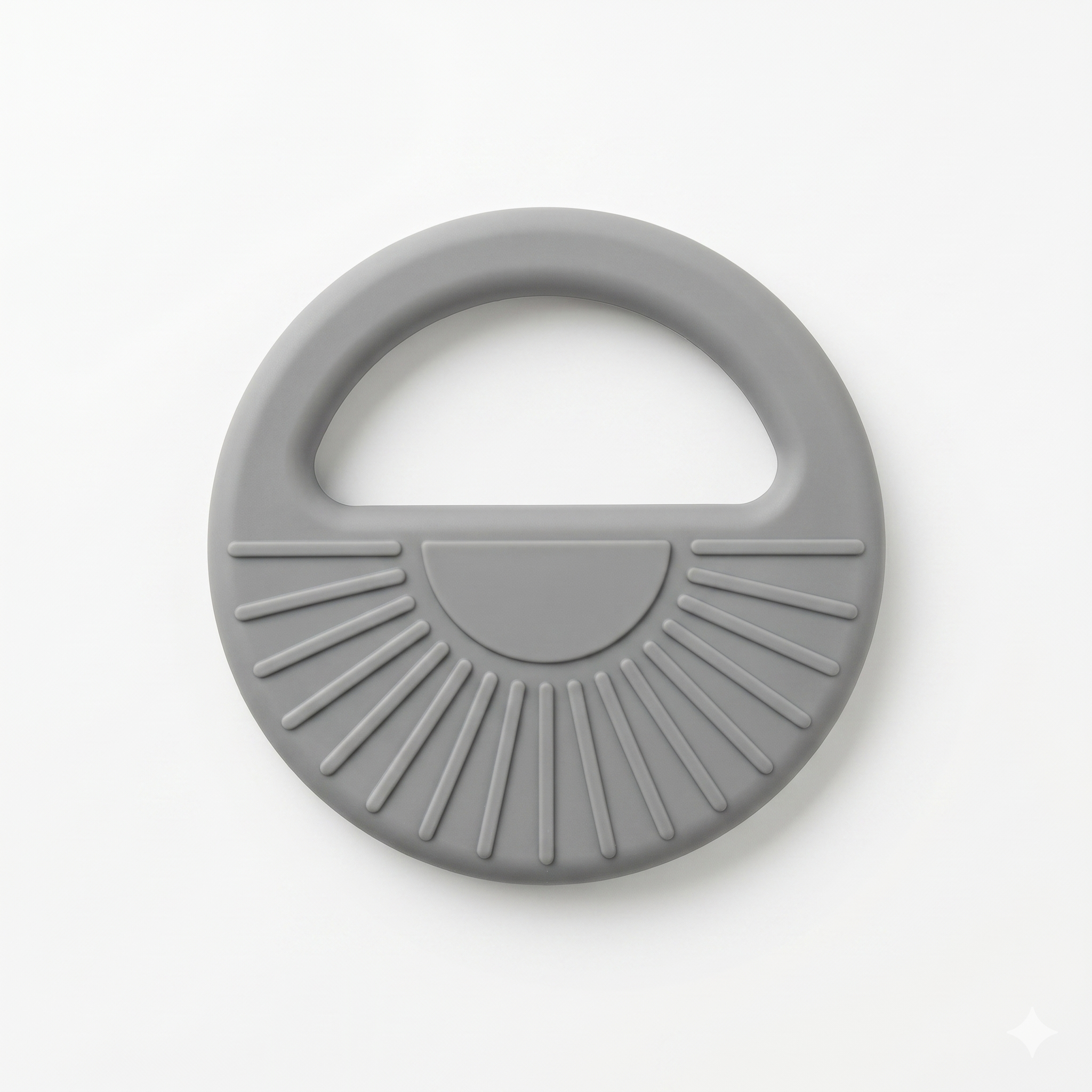 Gray silicone teething ring on a white background
