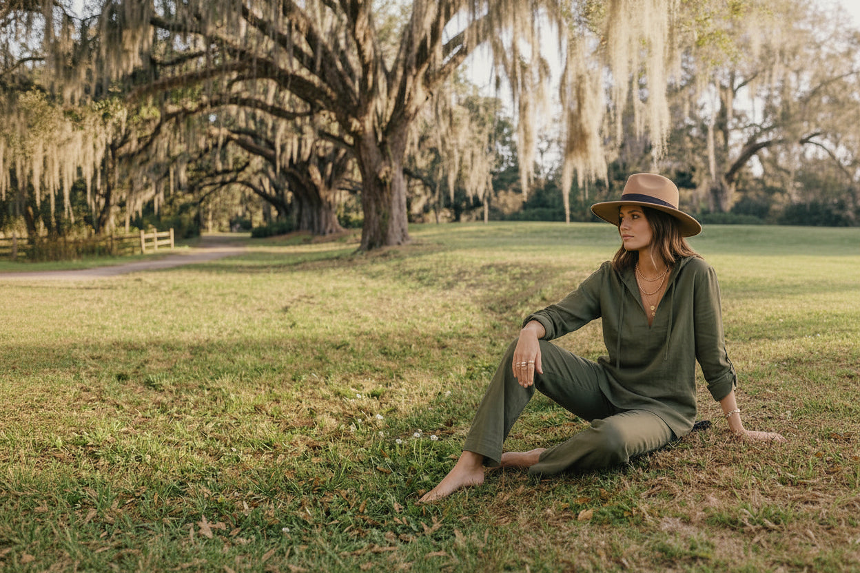 Woman sitting on grass wearing a green outfit and hat in a park with trees and open space.
