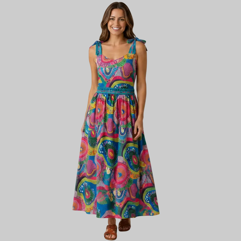 A woman modeling a sleeveless maxi dress with a vibrant, multicolored psychedelic pattern featuring pink, blue, yellow, and green. The dress has tie-shoulder straps, a smocked bodice, and side pockets, shown against a solid beige studio background.