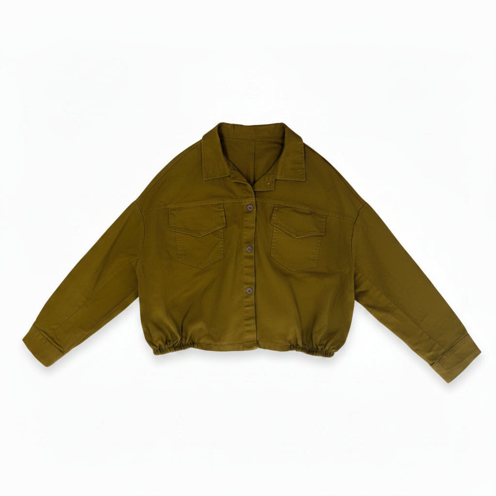Green jacket with a brand tag on a light gray background