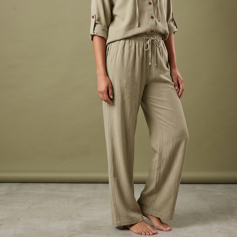 Woman wearing khaki linen drawstring pants