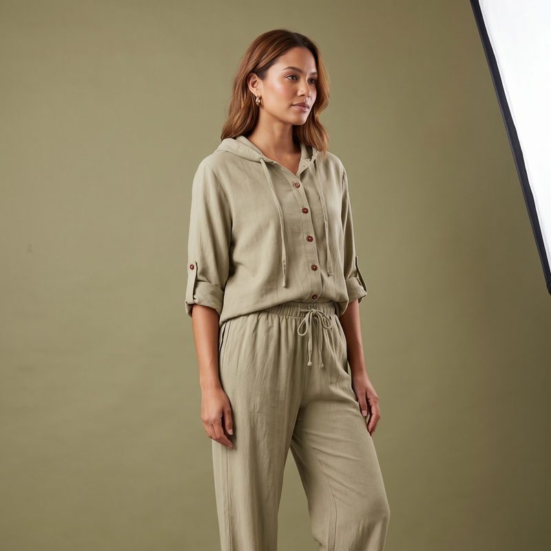 Lady wearing a khaki linen button up shirt with a hoodie