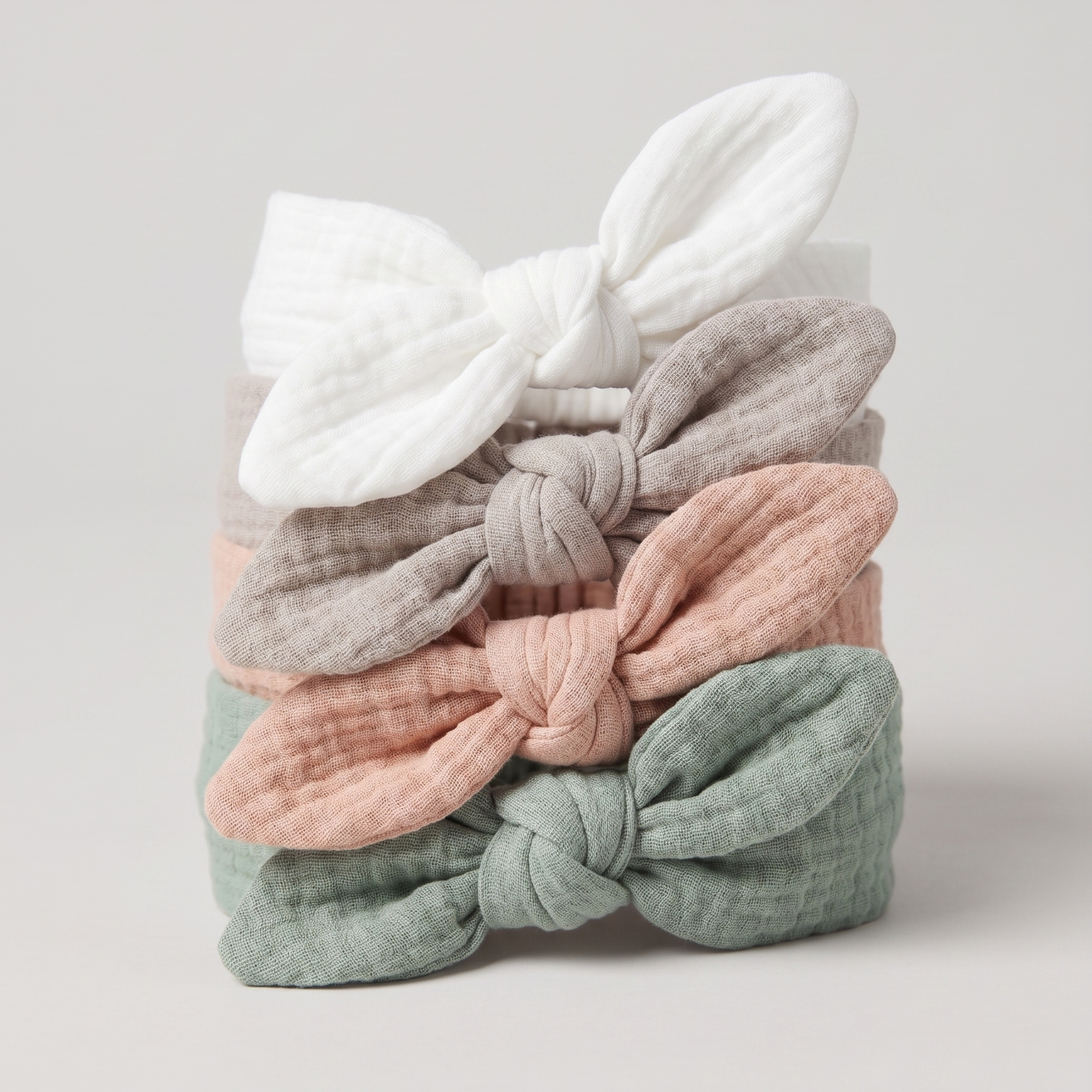 Set of four fabric hair bows in white, gray, pink, and green on a light gray background