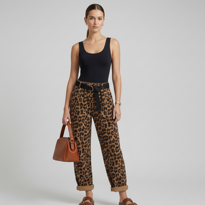 Woman wearing a black tank top and leopard print pants on a gray background