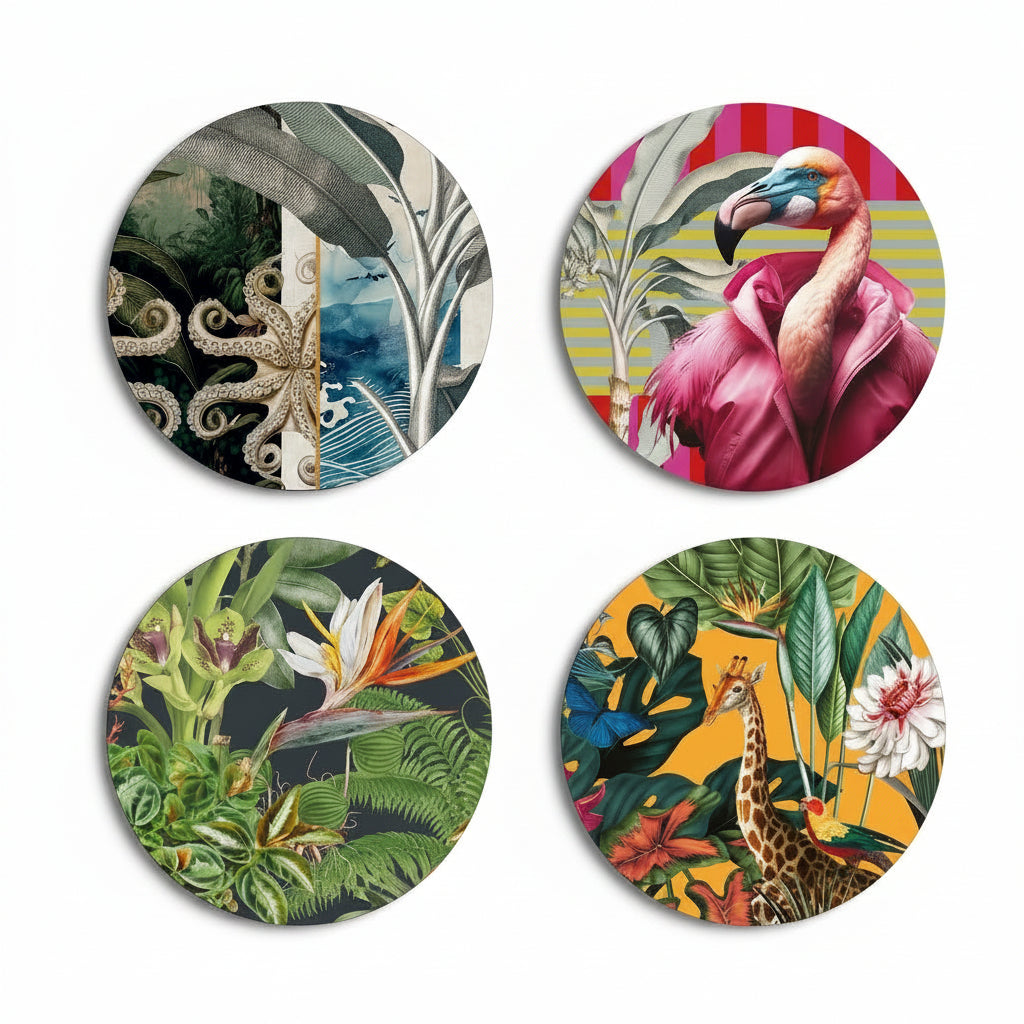 Four Licence Disc sticker designs with colourful tropical and marine illustrations, arranged in a 2x2 grid on a white background