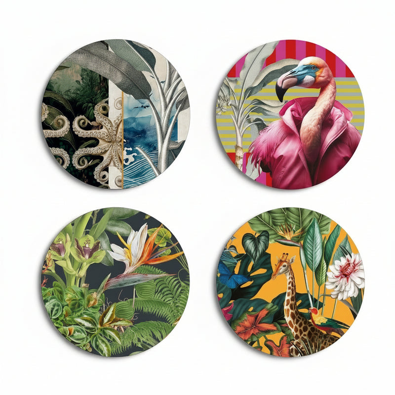 Four Licence Disc sticker designs with colourful tropical and marine illustrations, arranged in a 2x2 grid on a white background