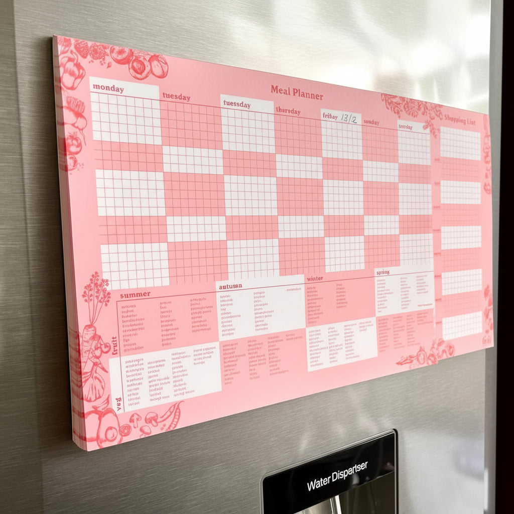 Red magnetic meal planner on a refrigerator door