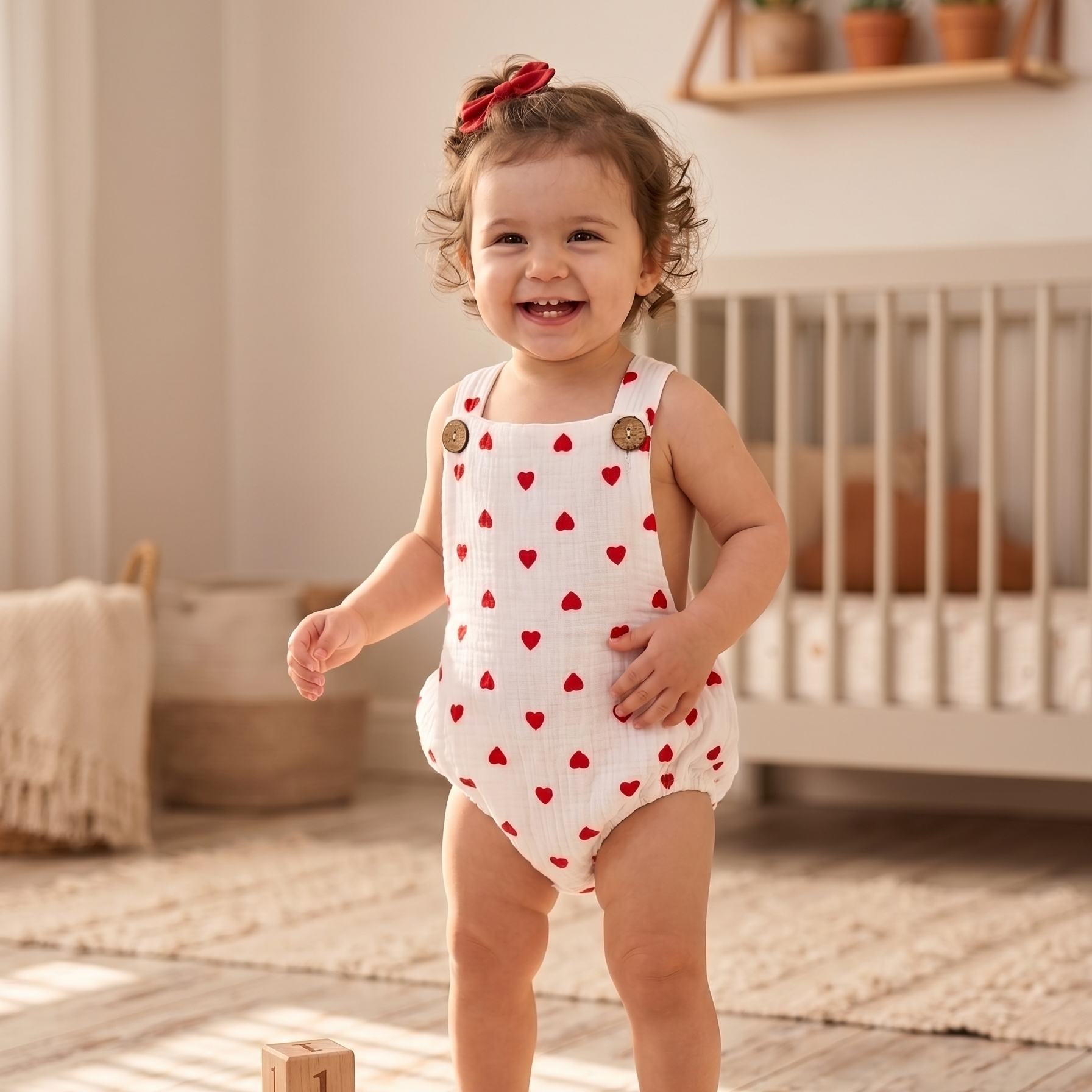 Child wearing a white romper with red hearts in a nursery