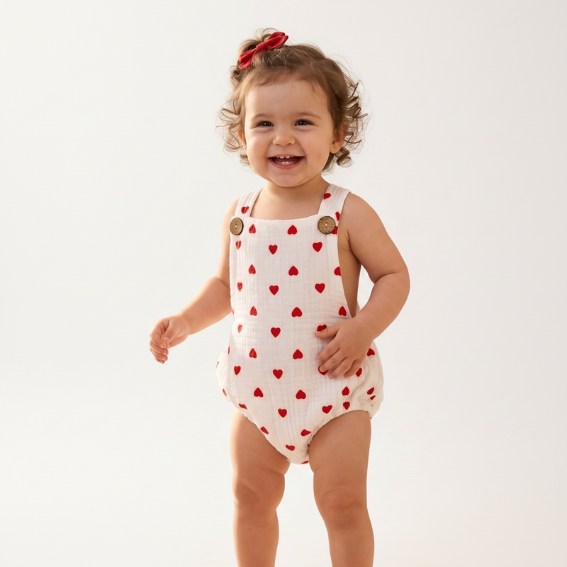 Child wearing a white romper with red hearts in a nursery