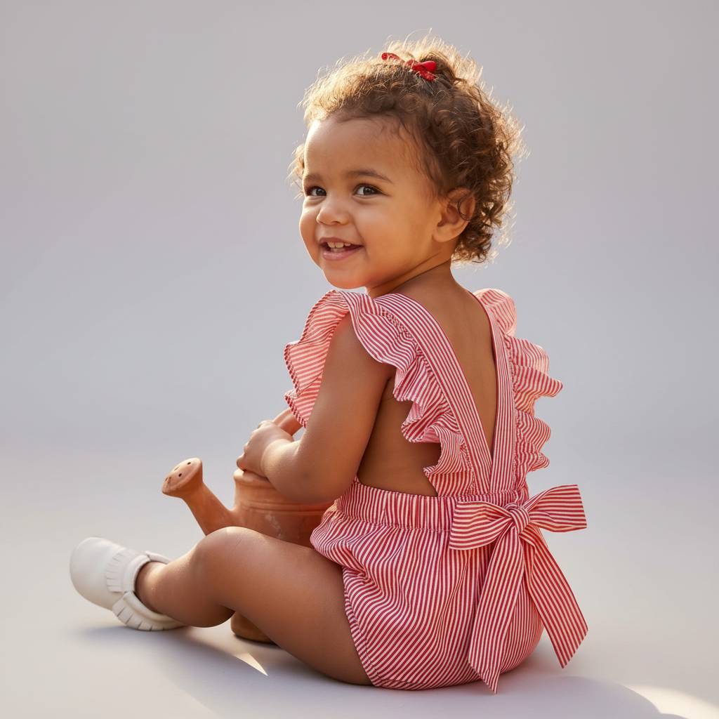 Child wearing a red & white outfit with ruffles sitting outdoors near flowers and a stone building.