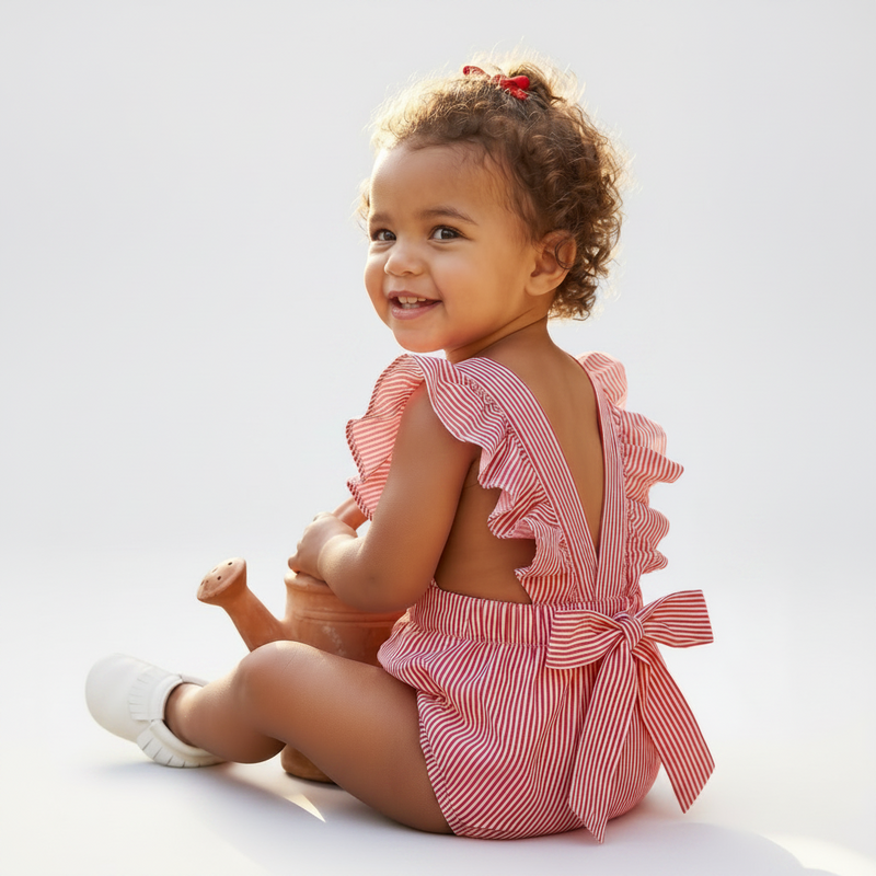 Child wearing a red & white outfit with ruffles sitting outdoors near flowers and a stone building.