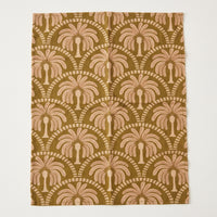 A rectangular textile or fabric panel with an allover palm tree pattern in warm tan and muted olive-brown tones, shown flat against a light neutral background.