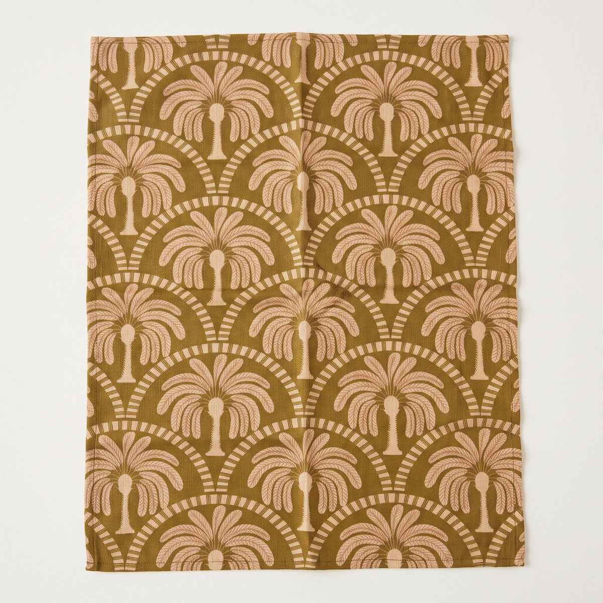 A rectangular textile or fabric panel with an allover palm tree pattern in warm tan and muted olive-brown tones, shown flat against a light neutral background.