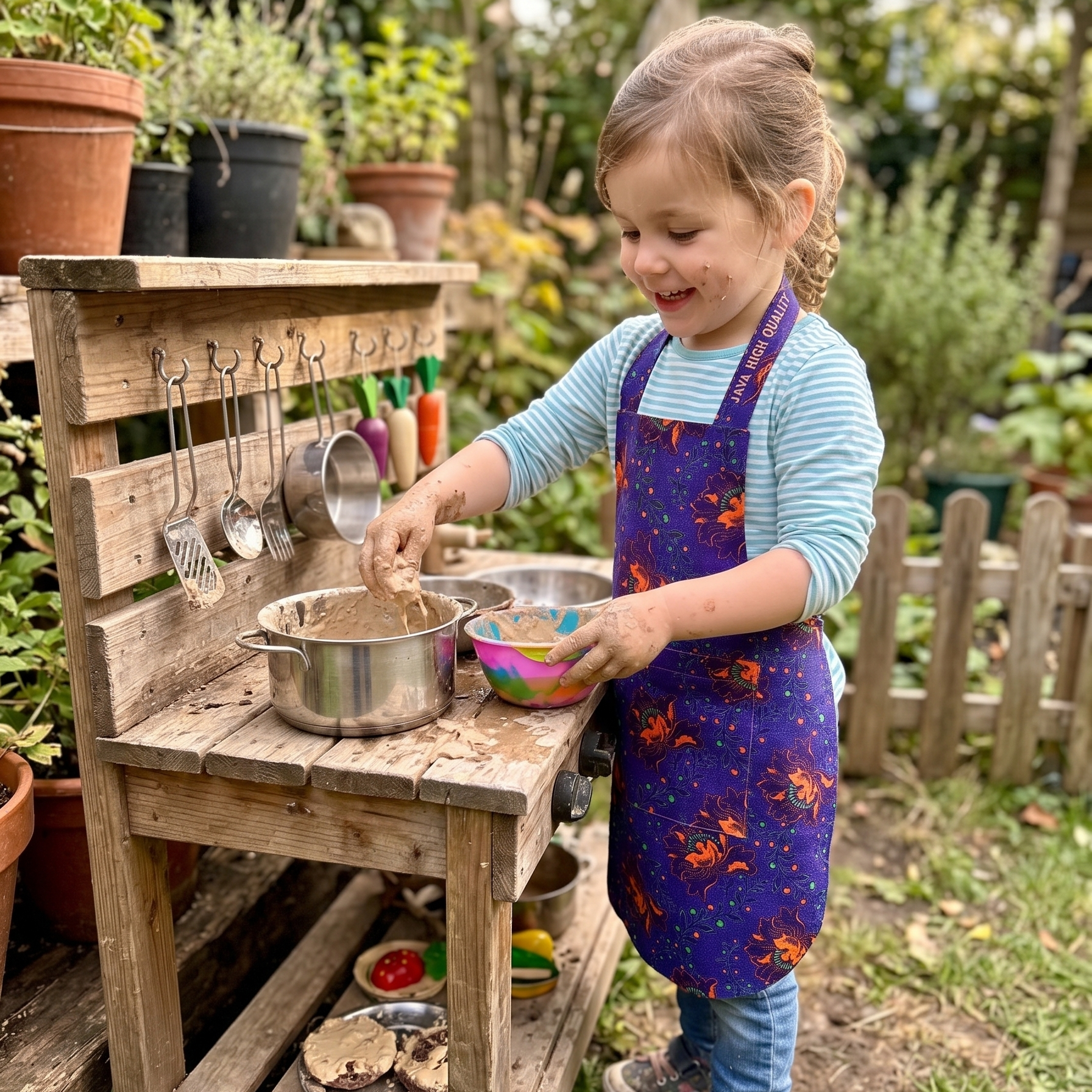 Child playing with pots and pans on a wooden play kitchen set outdoors.