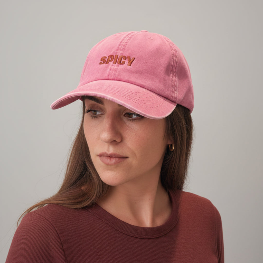 A woman wearing a pink baseball cap with the word 'SPICY' embroidered in brown on the front, paired with a rust-colored top, set against a plain light gray background.