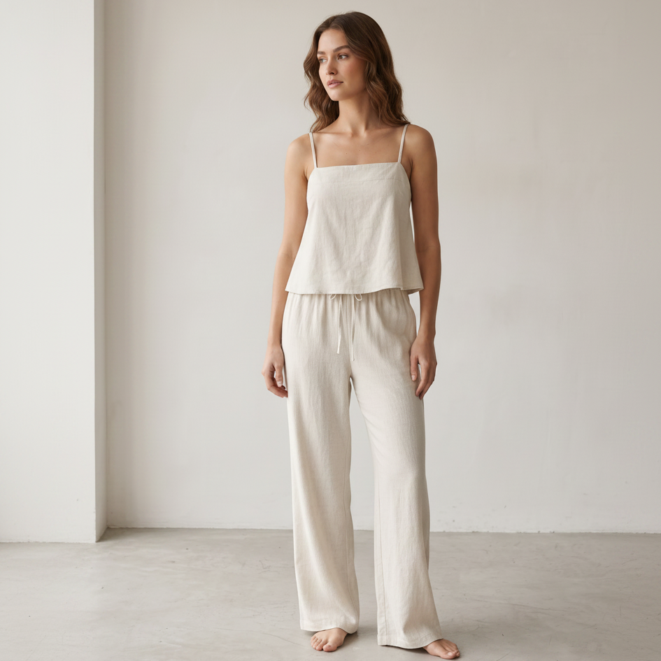 Woman wearing stone linen set in minimalistic setting