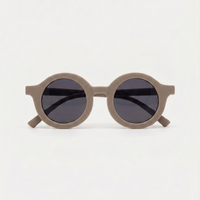 Round sunglasses with dark lenses on a light gray background