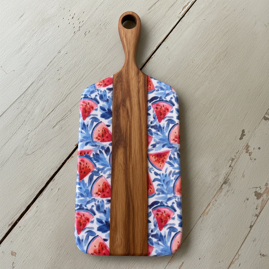 Cheeseboard with blue background and watermelon 