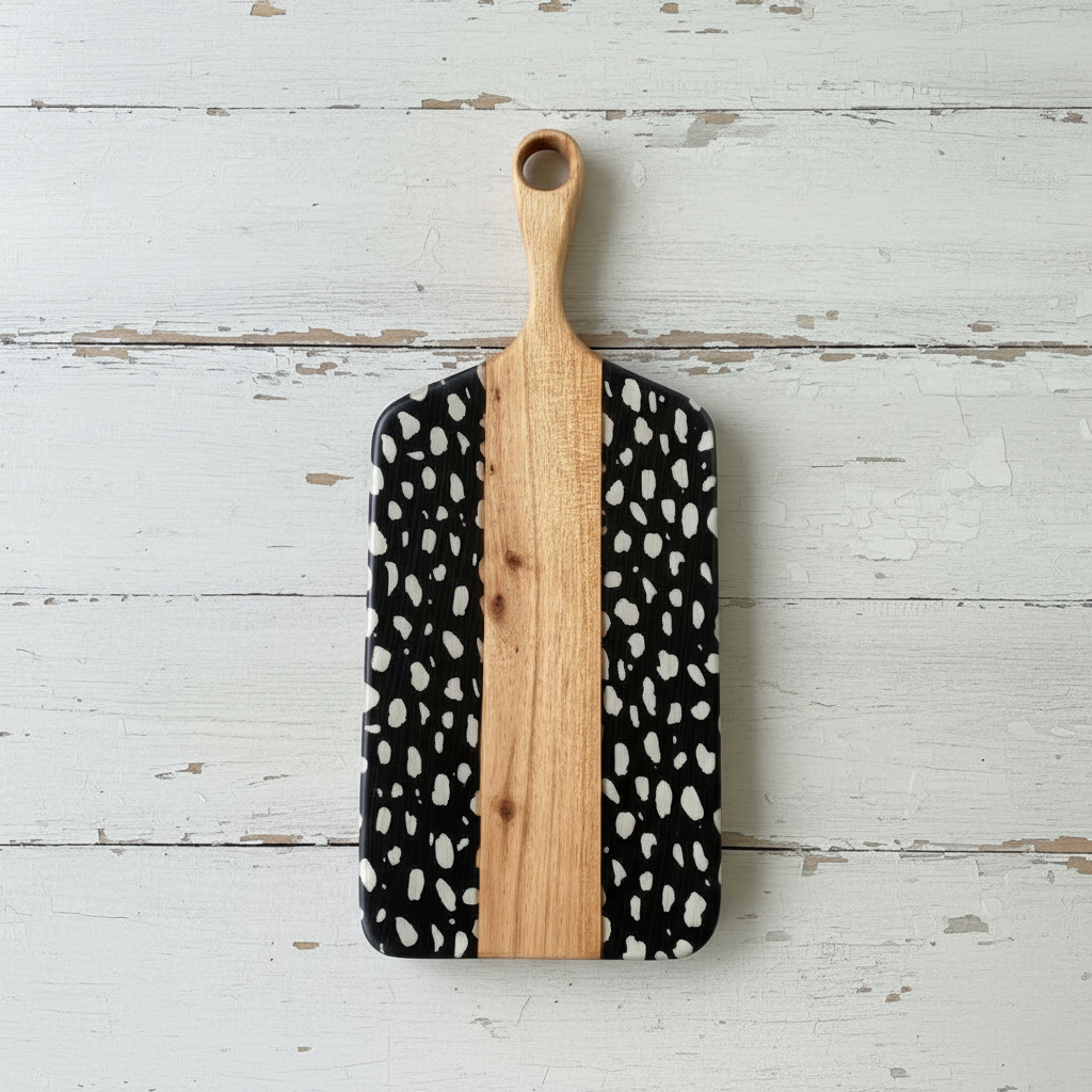Cheese board with white spots on black print.