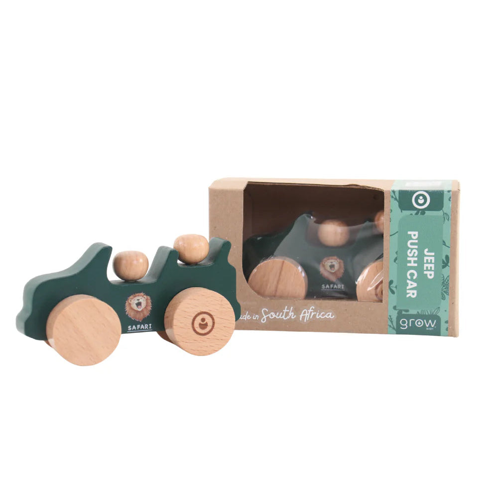 Wooden toy car with packaging on a white background