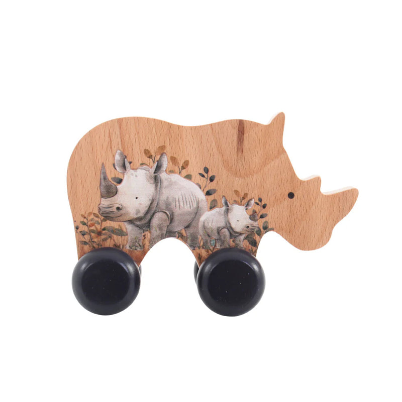 Wooden toy rhino with wheels on a white background