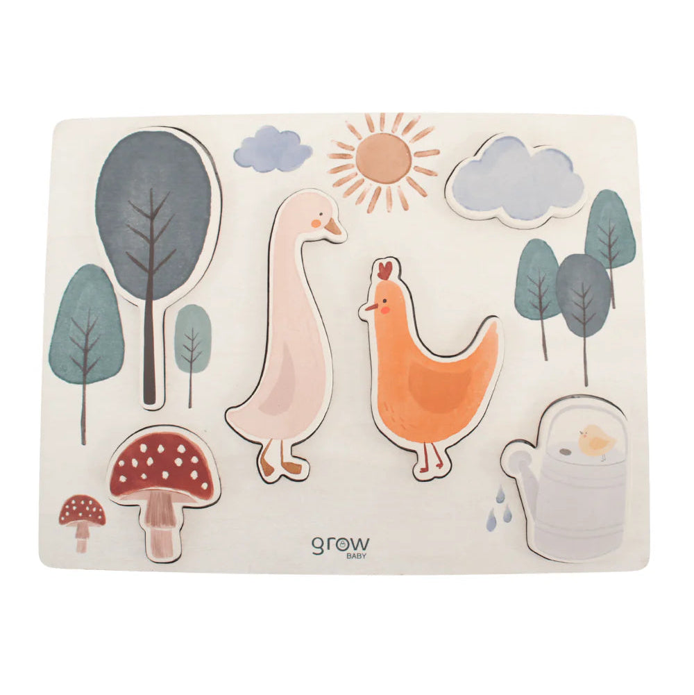 Children's wooden puzzle with cartoon animals and nature elements on a white background