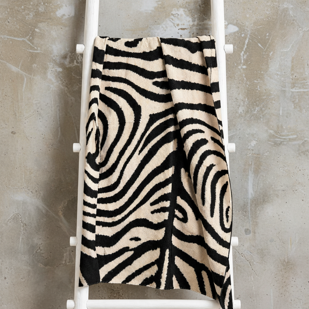 Zebra patterned blanket draped over a white ladder against a beige wall.